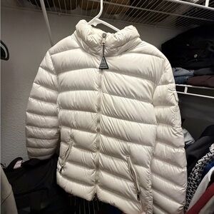 Women’s moncler cream white fox puffer coat.